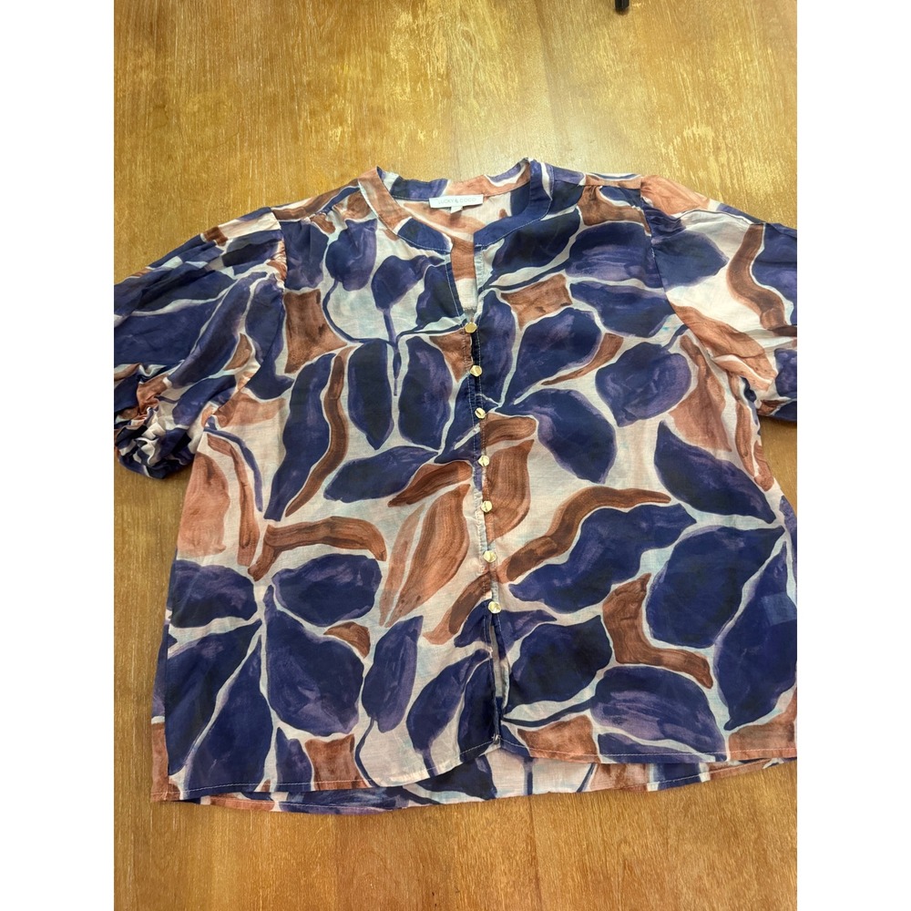 Lucky & Coco XL Blue Rust Abstract Leaf Print Button Front Puff Sleeve Blouse